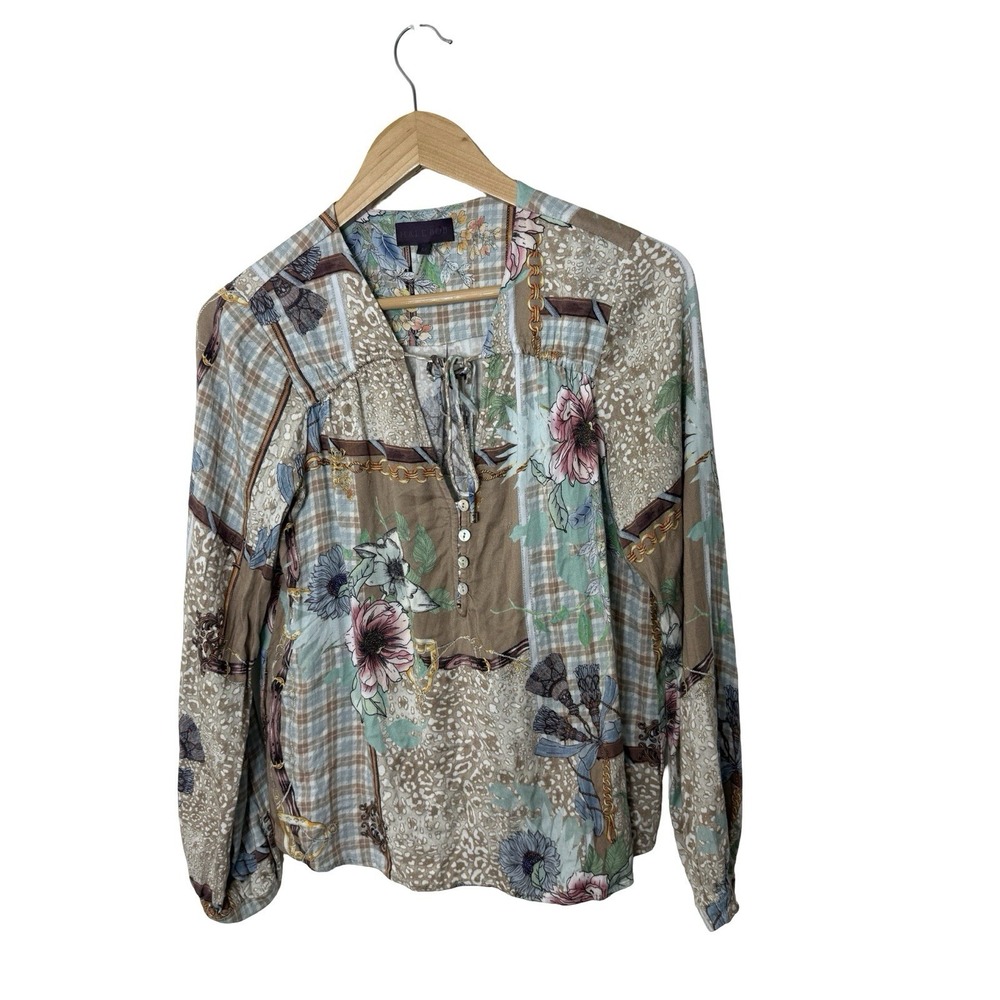 Hale Bob sz Medium mixed print womens pop over blouse long sleeve womens
